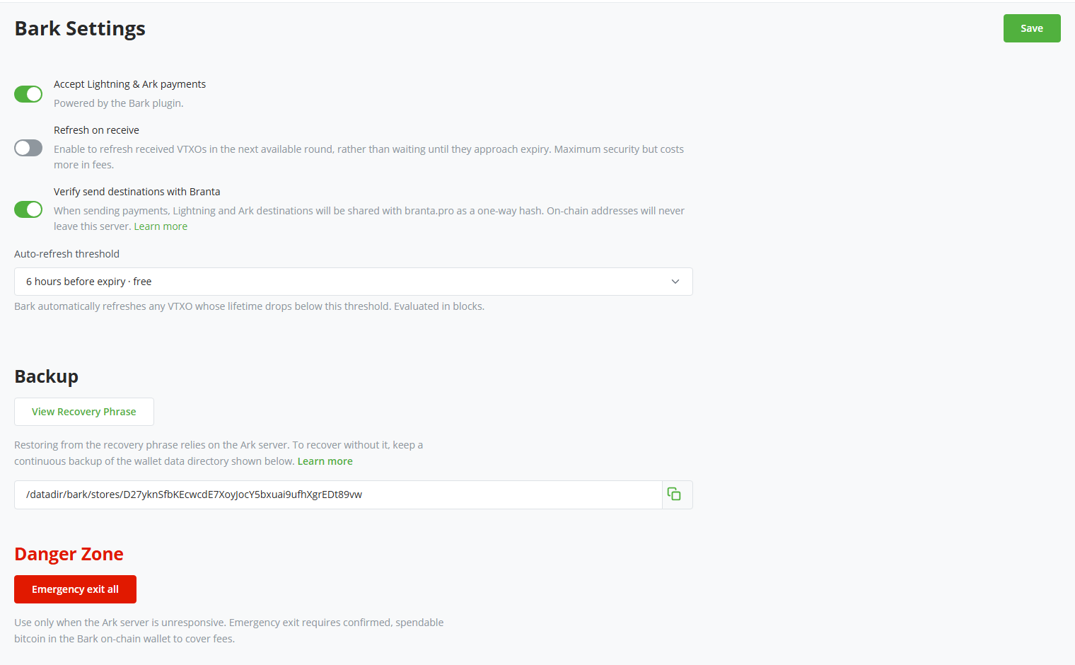 Screenshot of the Bark Settings page, with the payments, refresh, and Branta toggles, the auto-refresh threshold dropdown, the Backup section, and the Danger Zone holding the Emergency exit all button