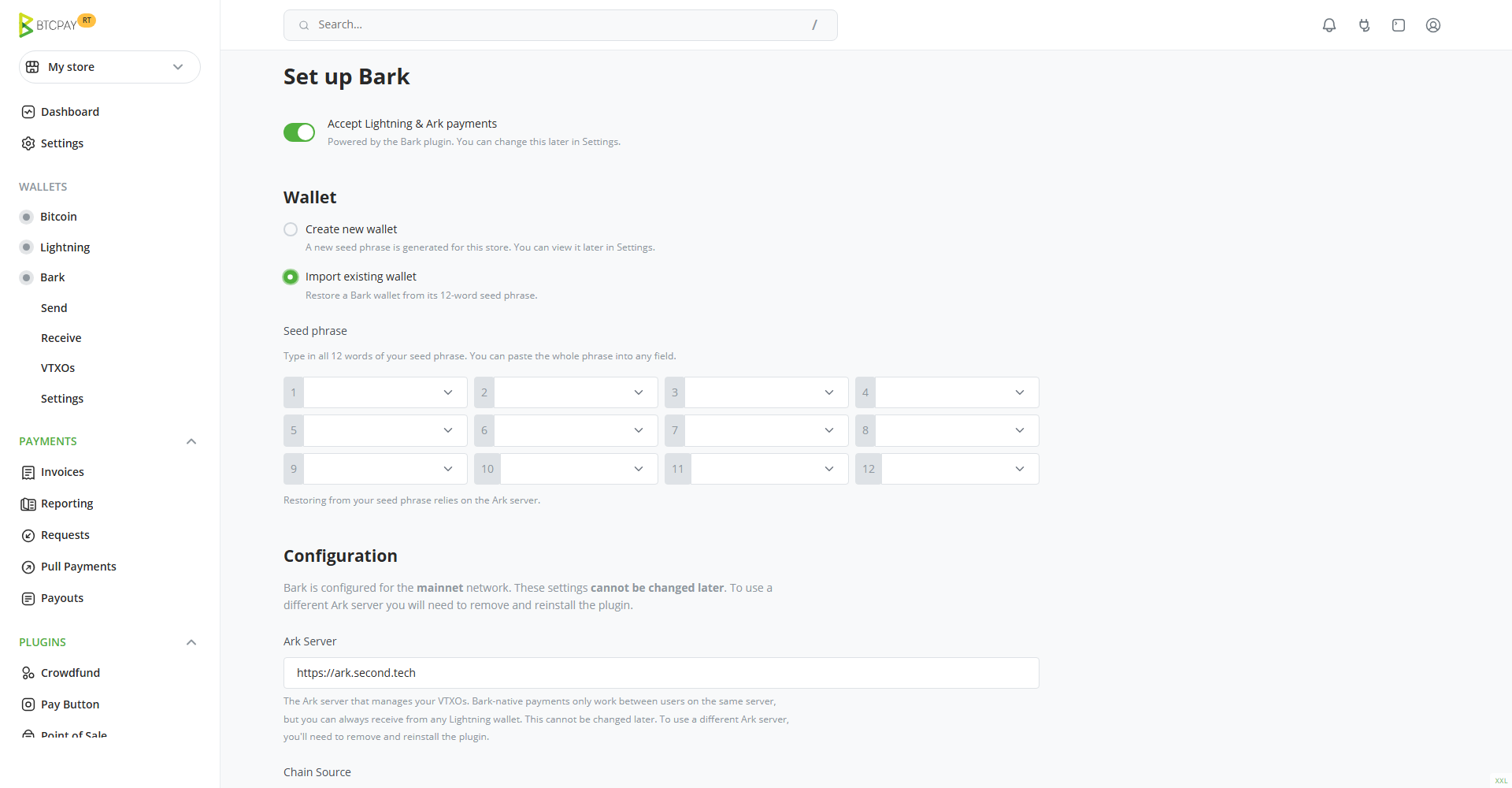 Screenshot of the Set up Bark screen with Import existing wallet selected and the 12 numbered word fields under Seed phrase