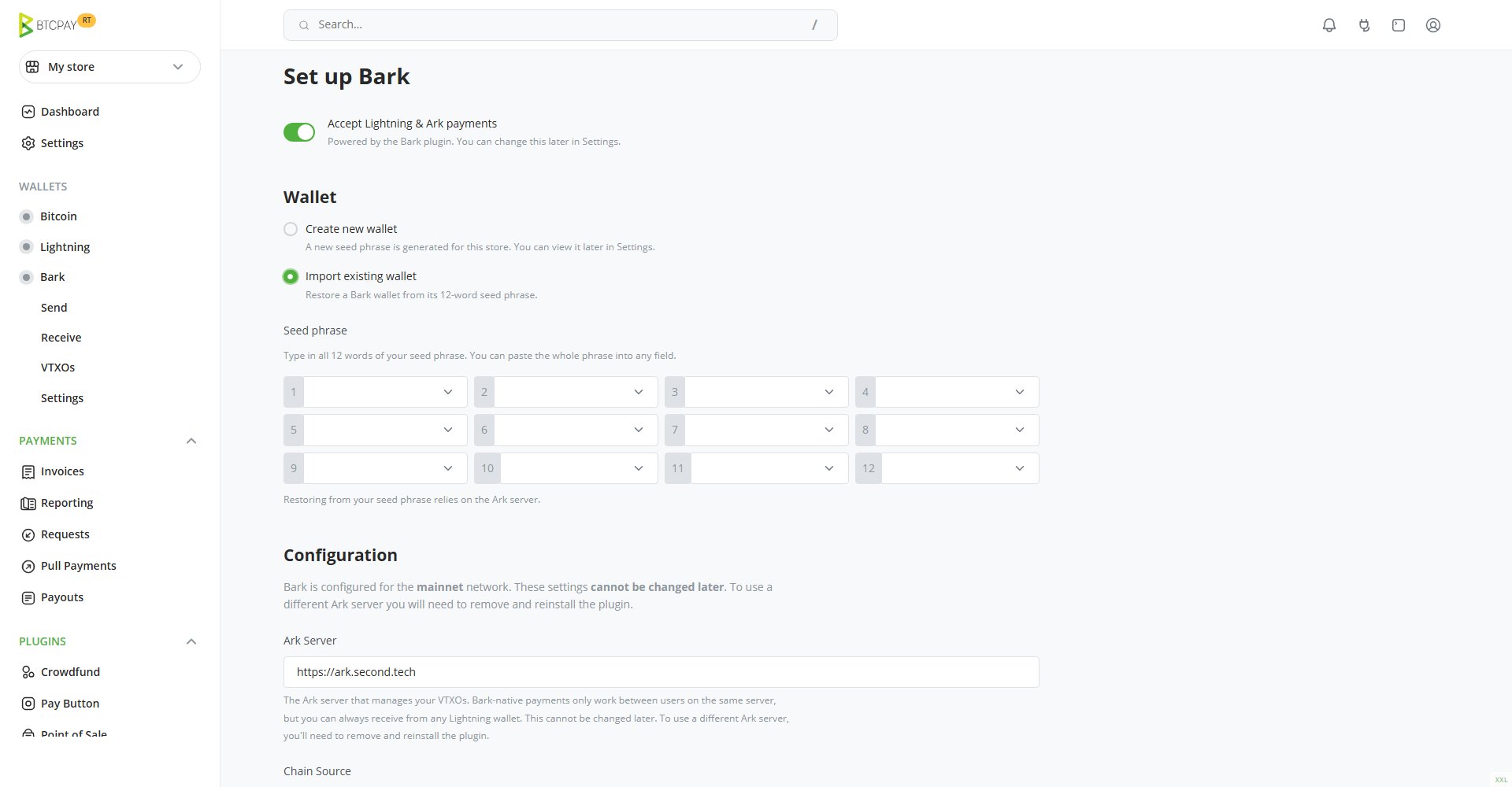 Screenshot of the Set up Bark screen with Import existing wallet selected and the 12 numbered word fields under Seed phrase