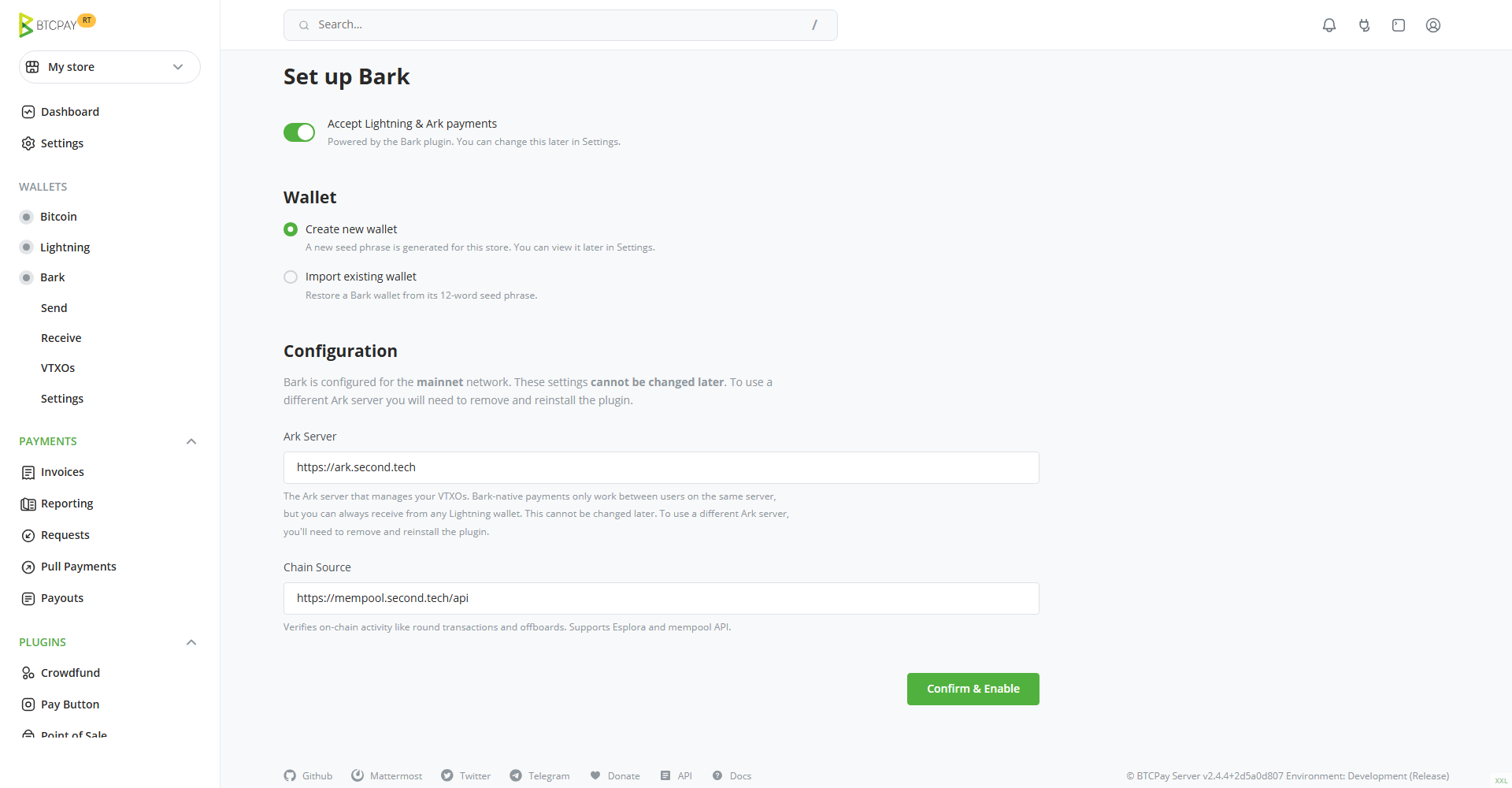 Screenshot of the Set up Bark screen, with the plugin toggled on, Create new wallet selected, and the Ark Server and Chain Source fields set to the default values