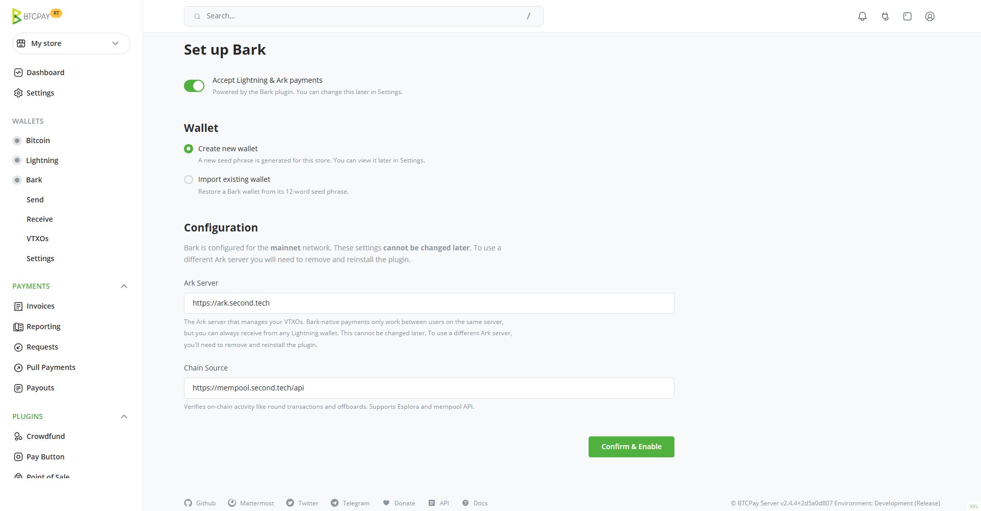 Screenshot of the Set up Bark screen, with the plugin toggled on, Create new wallet selected, and the Ark Server and Chain Source fields set to the default values