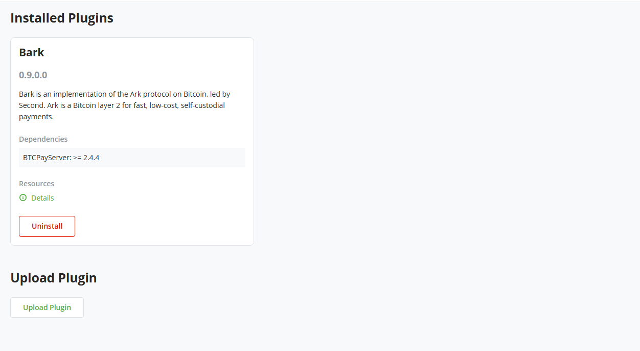 Screenshot of the Installed Plugins page, with the Bark plugin card and its Uninstall button