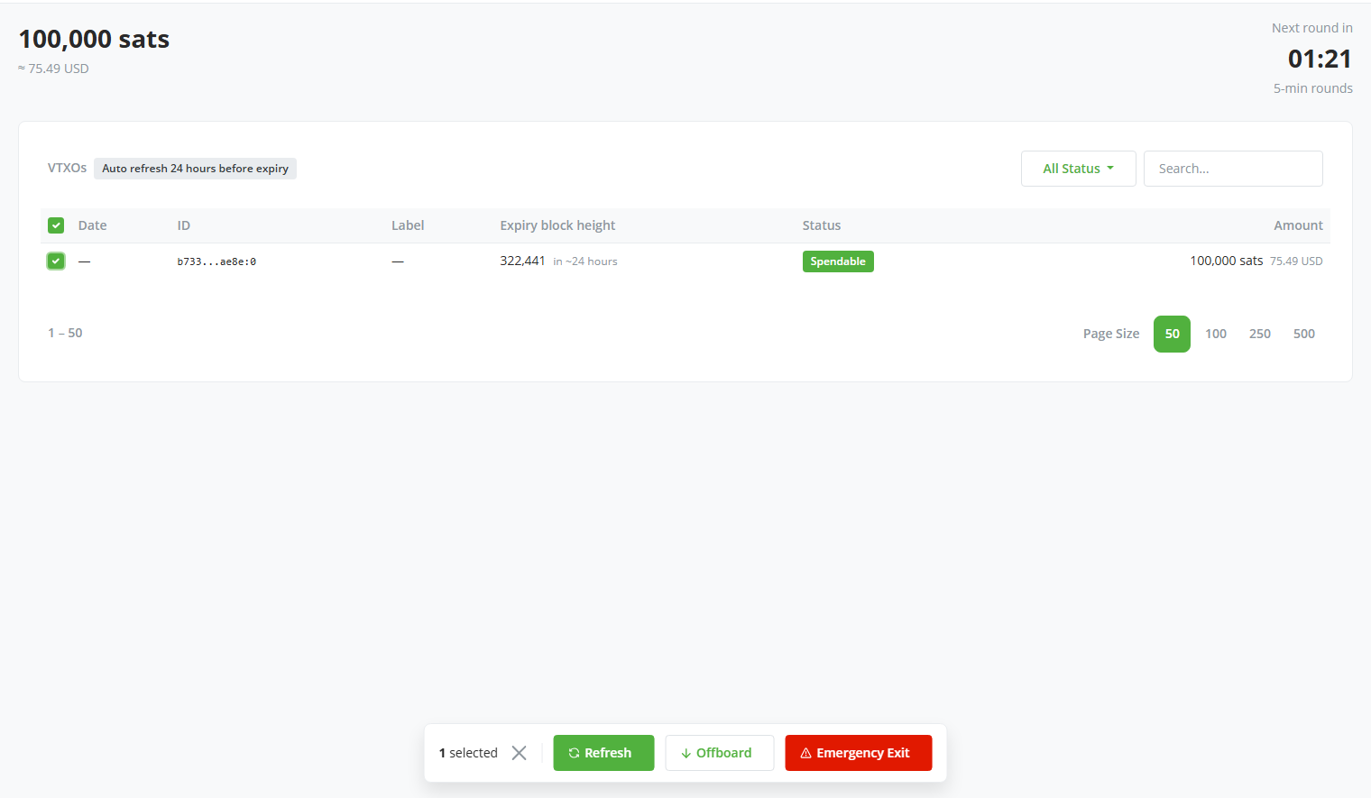 Screenshot of the VTXOs page with one VTXO selected and the action bar at the bottom showing the Refresh, Offboard, and Emergency Exit buttons