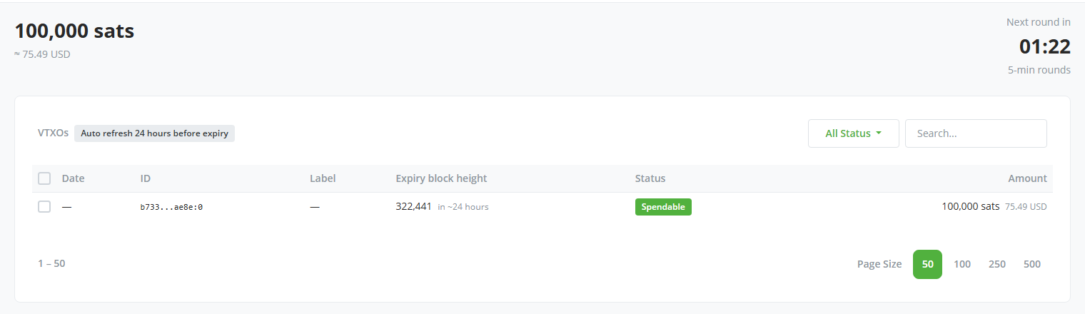 Screenshot of the VTXOs page listing spendable VTXOs with their expiry block heights and estimated expiry times, the auto-refresh badge, and the next round countdown