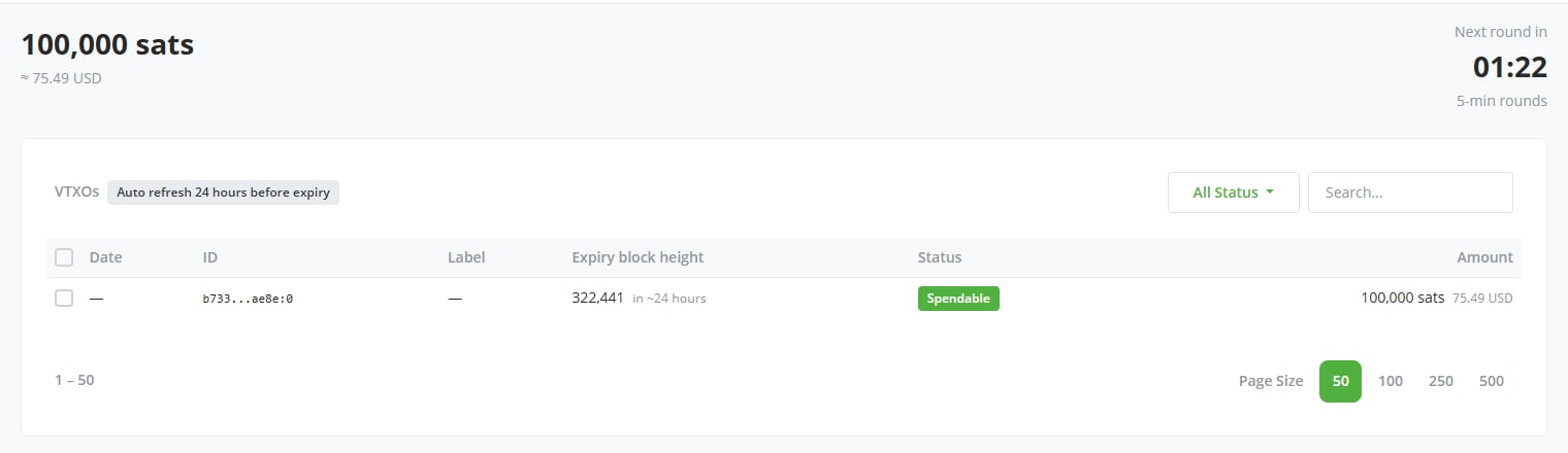 Screenshot of the VTXOs page listing spendable VTXOs with their expiry block heights and estimated expiry times, the auto-refresh badge, and the next round countdown