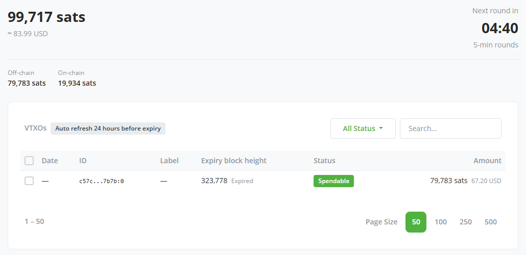 Screenshot of the VTXOs page with one VTXO whose expiry block height is marked Expired while its status still shows Spendable