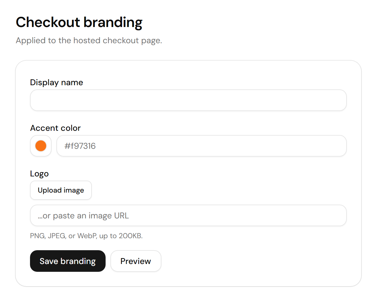 Screenshot of the Checkout branding page, with the Display name, Accent color, and Logo fields and the Save branding and Preview buttons