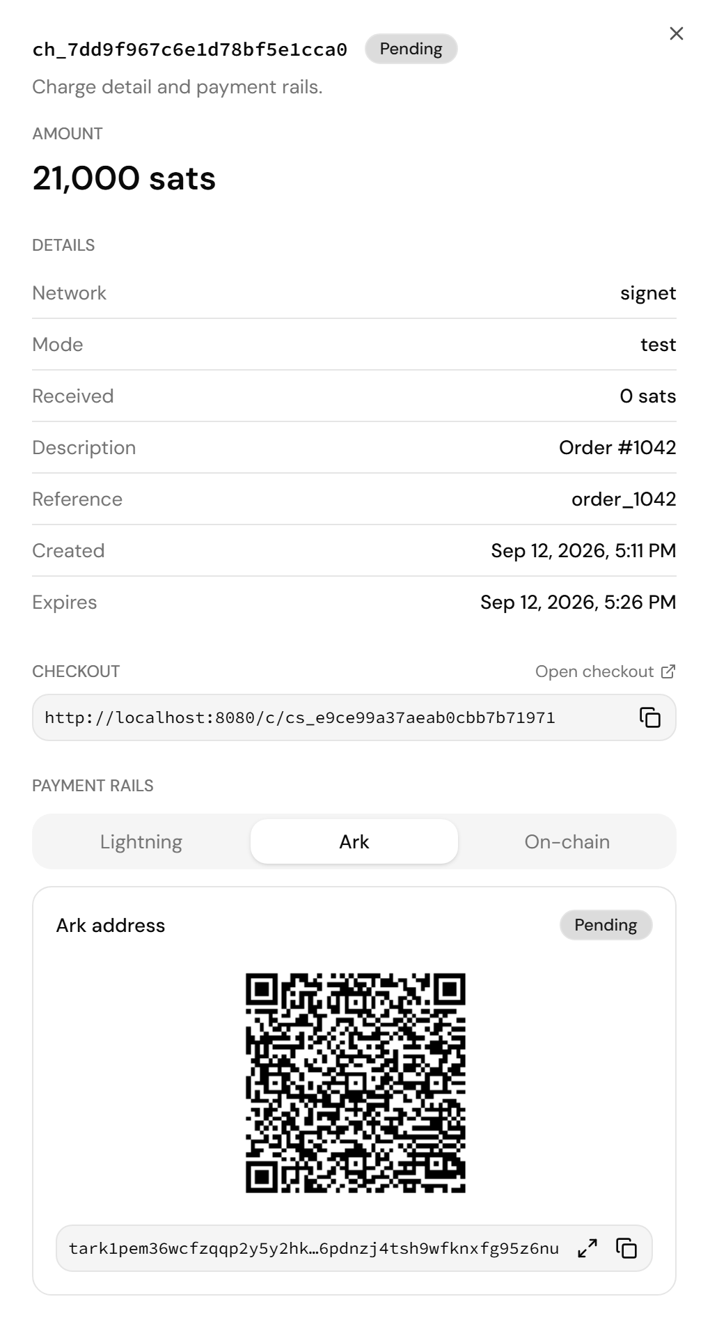 Screenshot of the charge detail sheet, with the amount, the details rows, the checkout link, and the payment rails tabs showing the Ark address QR code