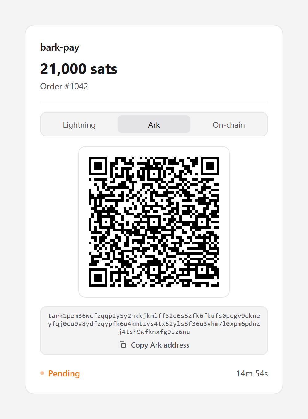 Screenshot of the hosted checkout page for a 21,000 sats charge, with the Lightning, Ark, and On-chain tabs, a QR code, the Ark address, the Copy Ark address button, and the Pending status with a countdown