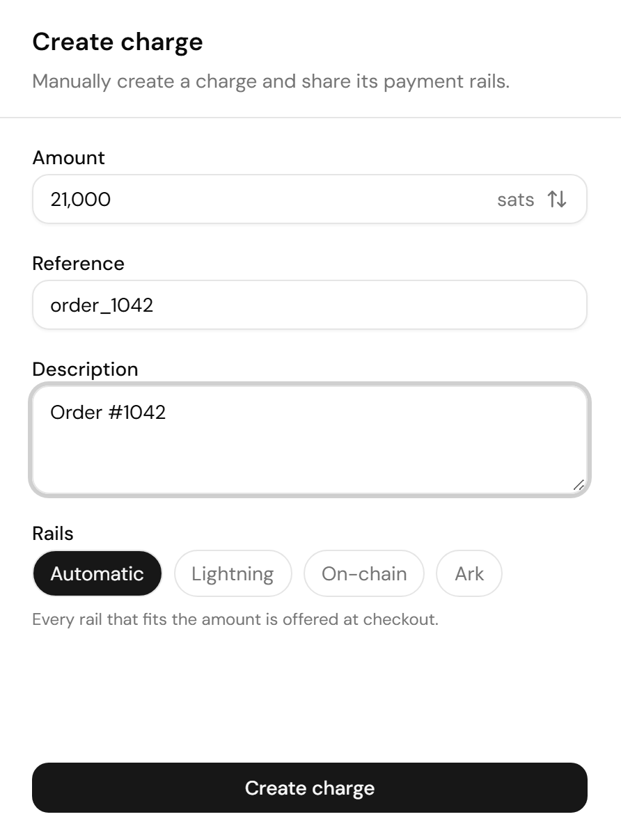 Screenshot of the Create charge drawer, with the Amount, Reference, Description, and Rails fields filled in and the Create charge button