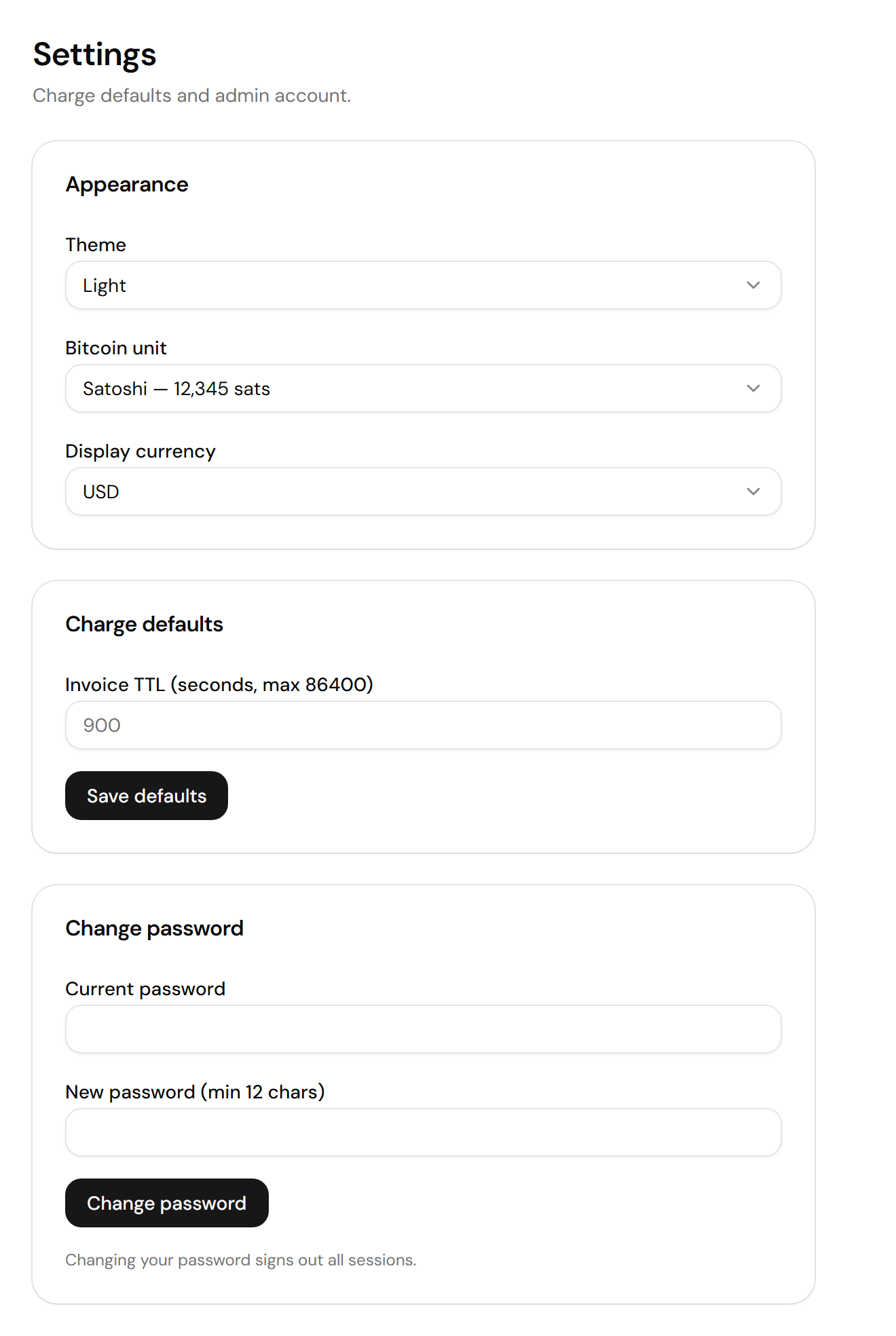 Screenshot of the Settings page, with the Appearance card, the Charge defaults card holding the Invoice TTL field, and the Change password card