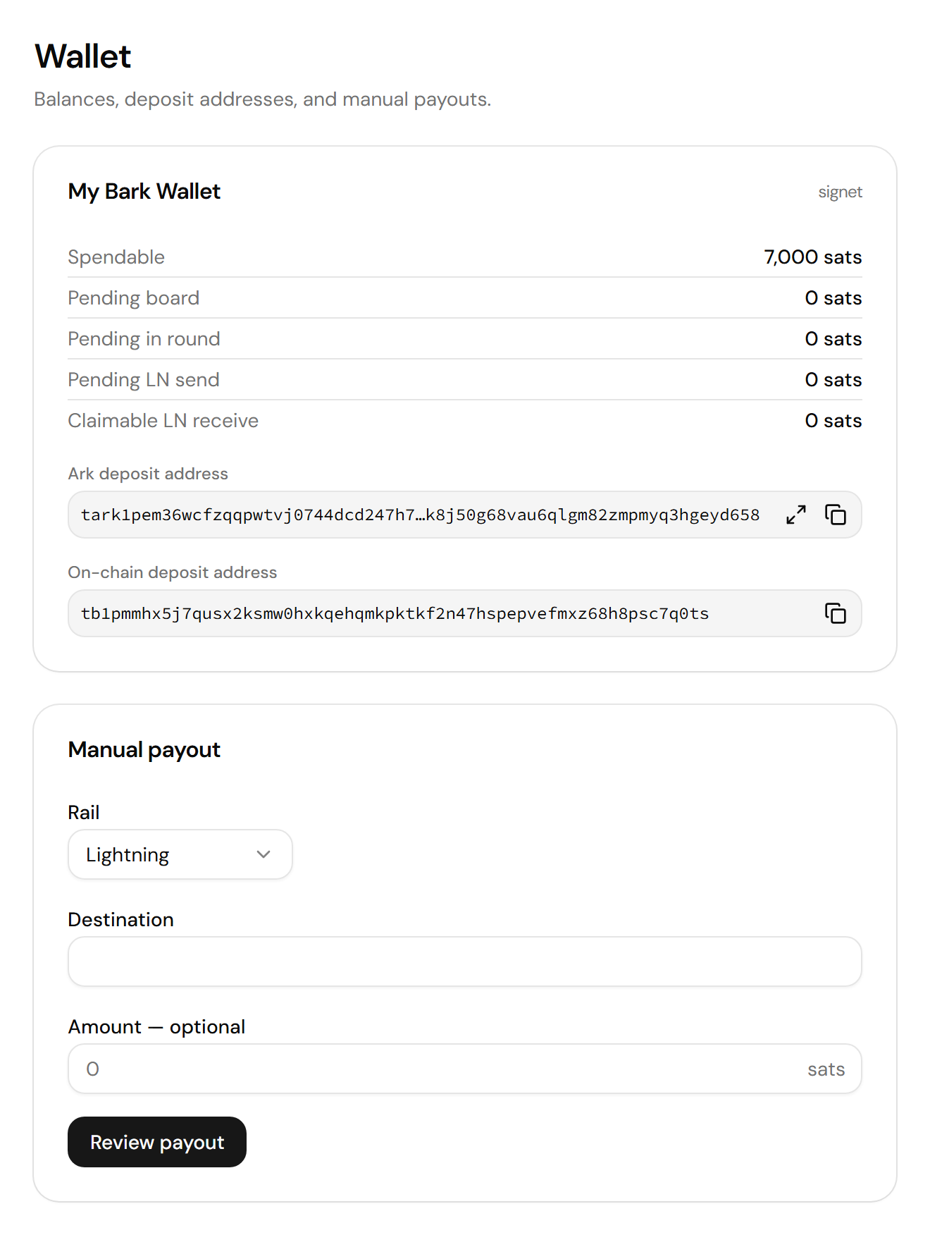 Screenshot of the Wallet page, with the My Bark Wallet card listing the balance rows and the Ark and on-chain deposit addresses, and the Manual payout form