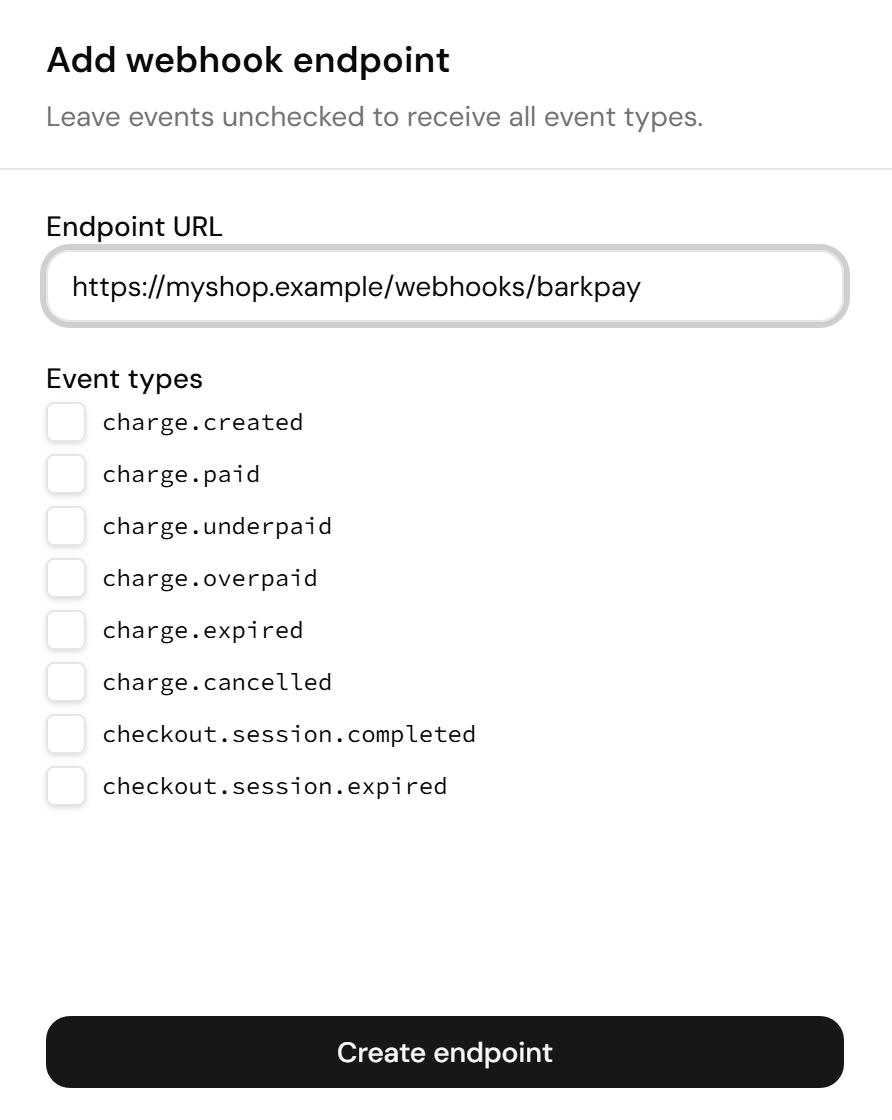 Screenshot of the Add webhook endpoint drawer, with the Endpoint URL field, one checkbox per event type, and the Create endpoint button