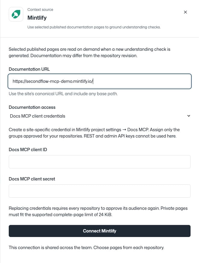 Second Flow Mintlify connection form with a documentation URL, Docs MCP client credentials selected, and empty client ID and secret fields.