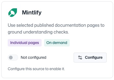 Repository Mintlify card with a Configure button and an inactive switch before setup.