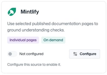 Repository Mintlify card with a Configure button and an inactive switch before setup.