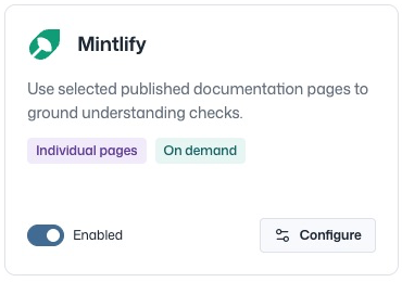 Repository Mintlify card with its switch on and Enabled status.