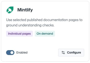 Repository Mintlify card with its switch on and Enabled status.