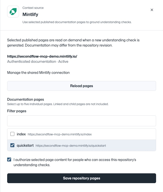 Private Mintlify page selection with quickstart selected, audience approval checked, and Save repository pages available.