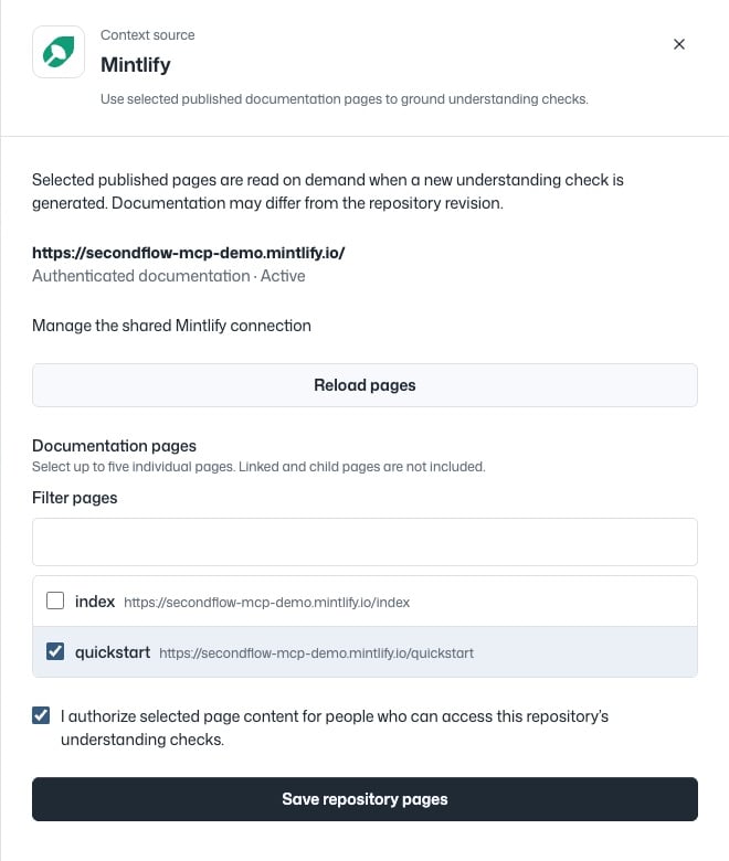 Private Mintlify page selection with quickstart selected, audience approval checked, and Save repository pages available.