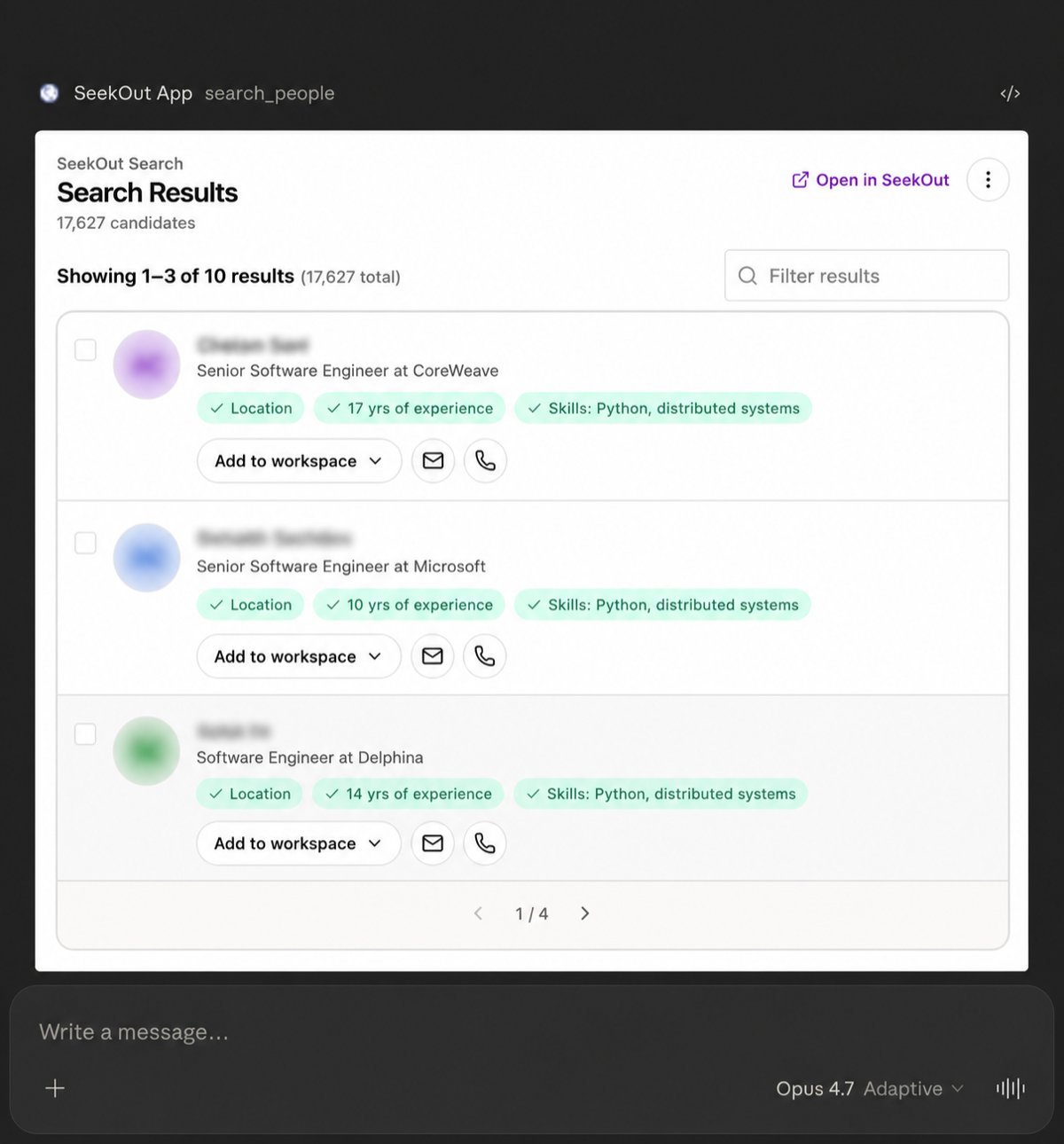 SeekOut candidate search results with candidate actions in Claude