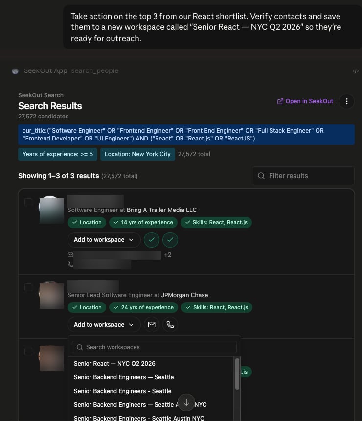 React shortlist in Claude with verified contacts and one-click save to a workspace