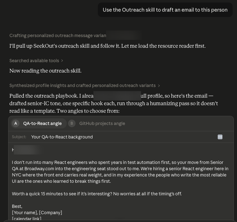 Personalized outreach email drafted in Claude with two angles to choose from