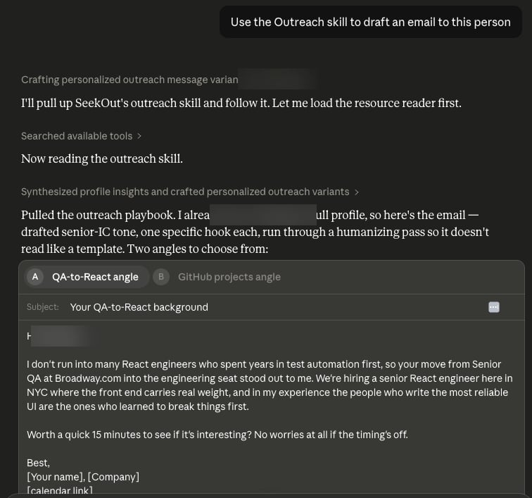 Personalized outreach email drafted in Claude with two angles to choose from