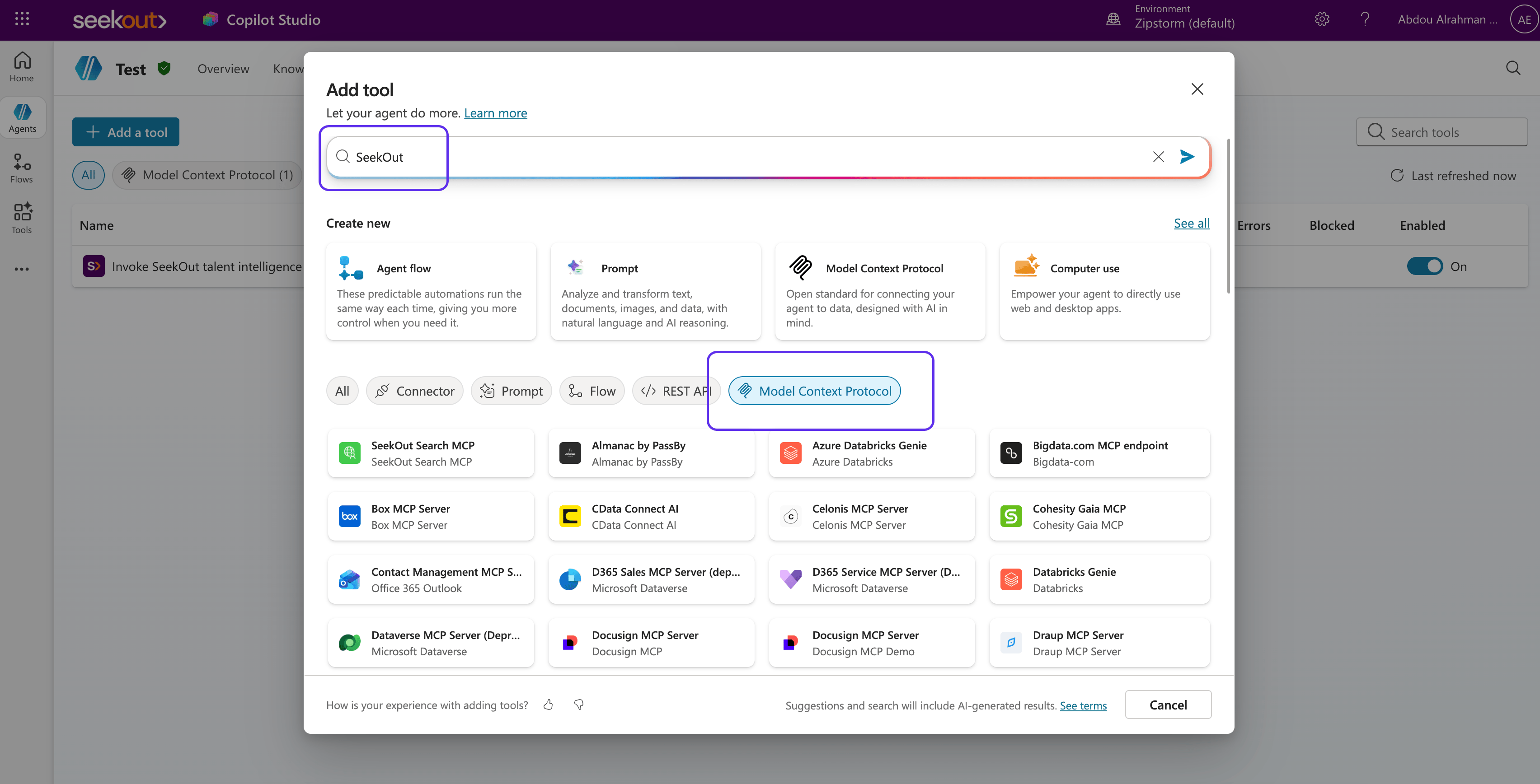 Add tool dialog with the Model Context Protocol filter selected and SeekOut in the search field