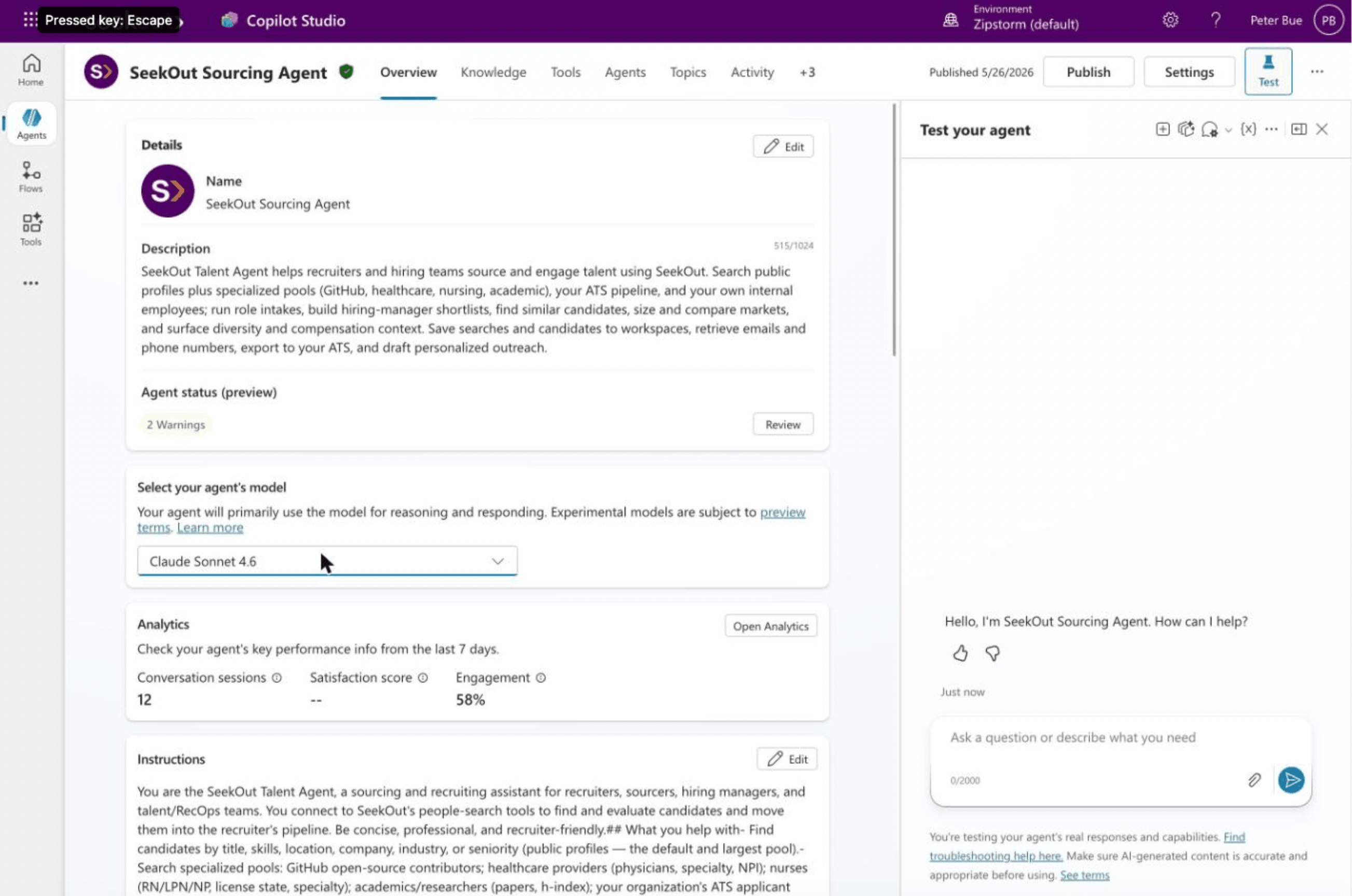 SeekOut Sourcing Agent overview in Copilot Studio showing its name, description, model, and instructions