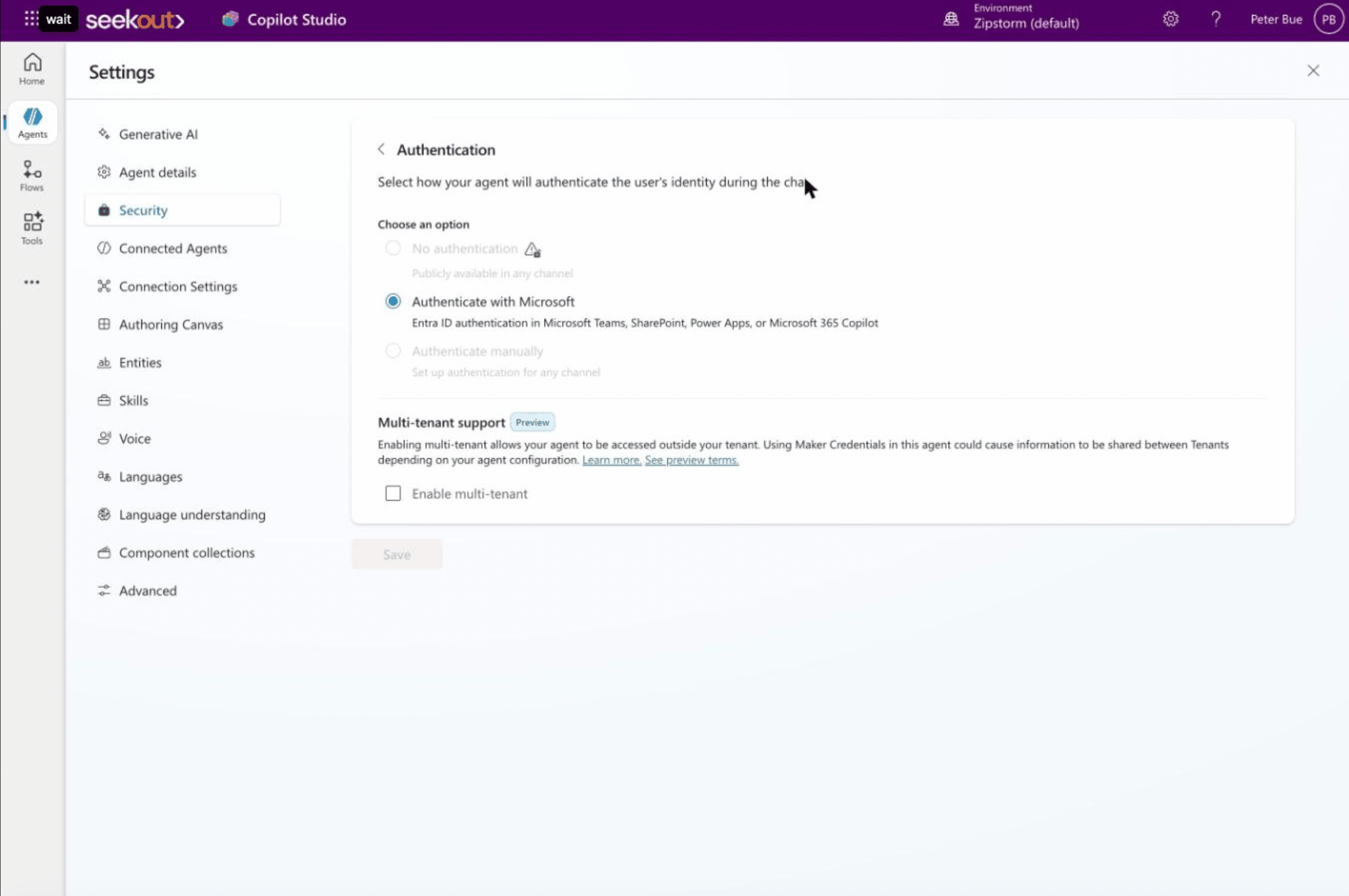 Copilot Studio authentication settings with Authenticate with Microsoft selected