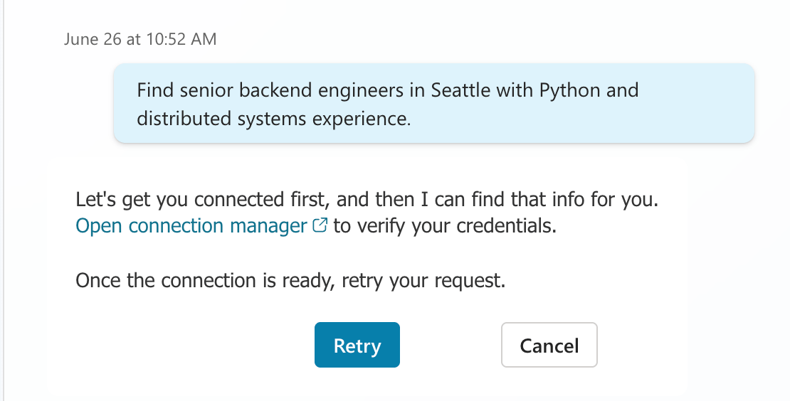 Copilot Studio agent prompting the user to open the connection manager before running a SeekOut search