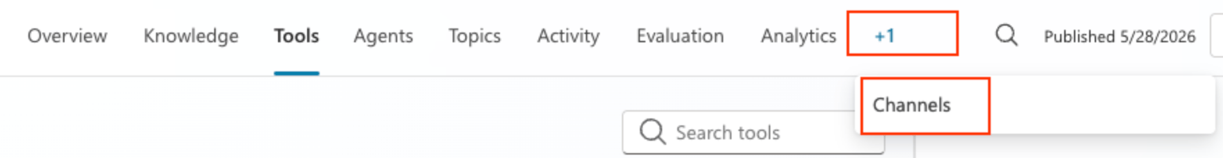 Copilot Studio agent overflow menu with the Channels page available