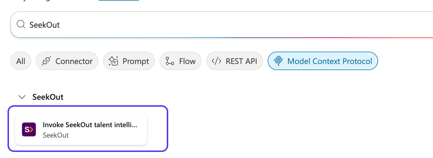 SeekOut connector result in the Copilot Studio Model Context Protocol tool list