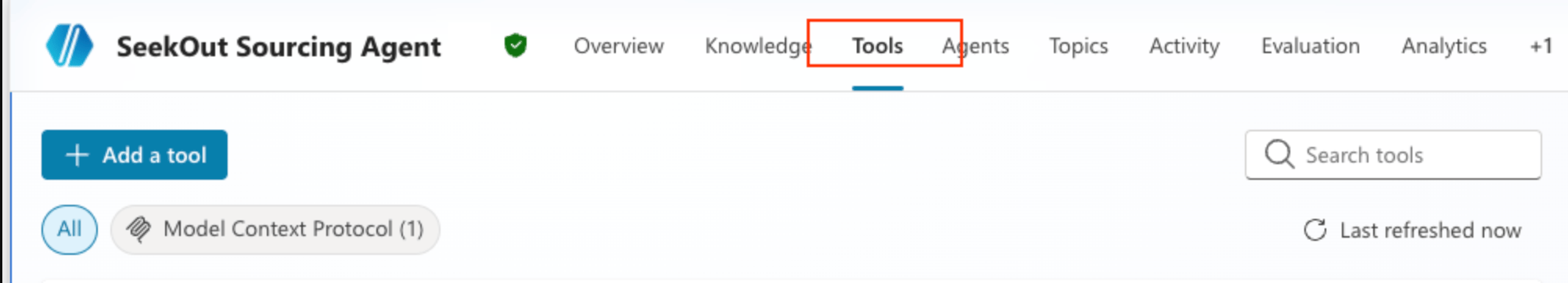 Tools tab in the Copilot Studio agent editor with Add a tool and Model Context Protocol options