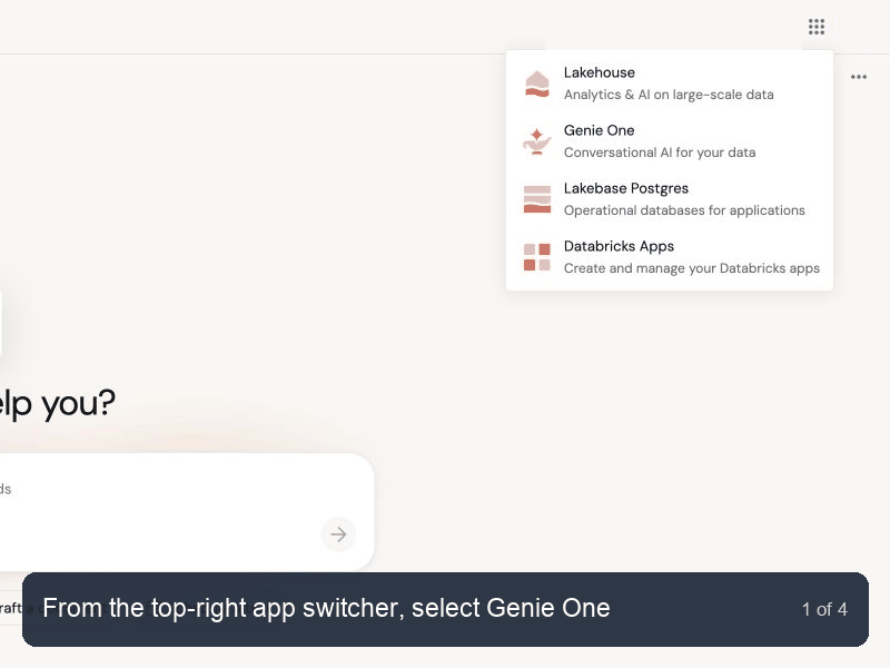 Databricks walkthrough showing Genie One in the top-right app switcher, More connectors, the enabled SeekOut connector, and a test prompt in Ask mode