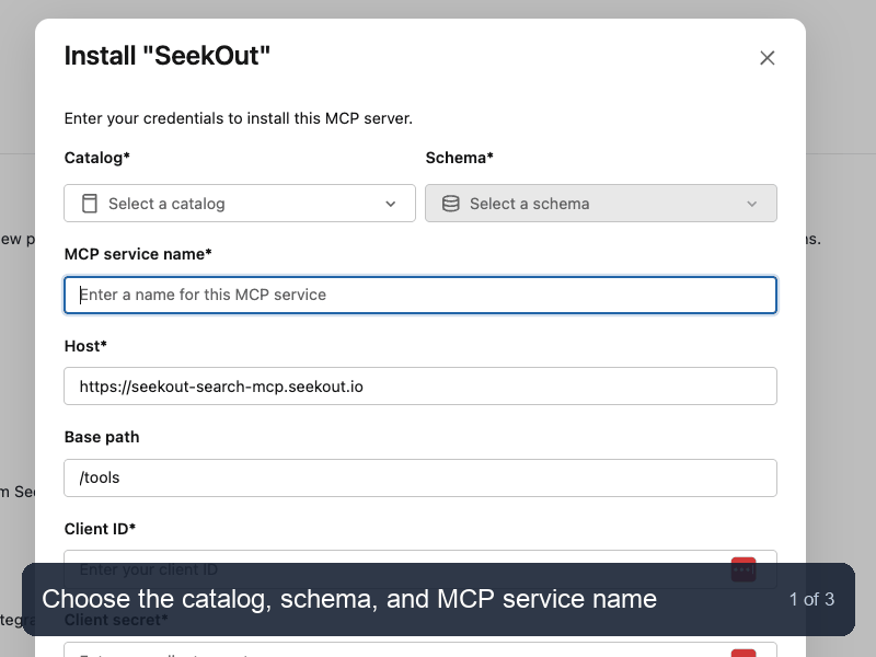 Databricks Marketplace installation walkthrough showing the catalog, schema, MCP service name, SeekOut endpoint, OAuth credentials, terms, and Install button