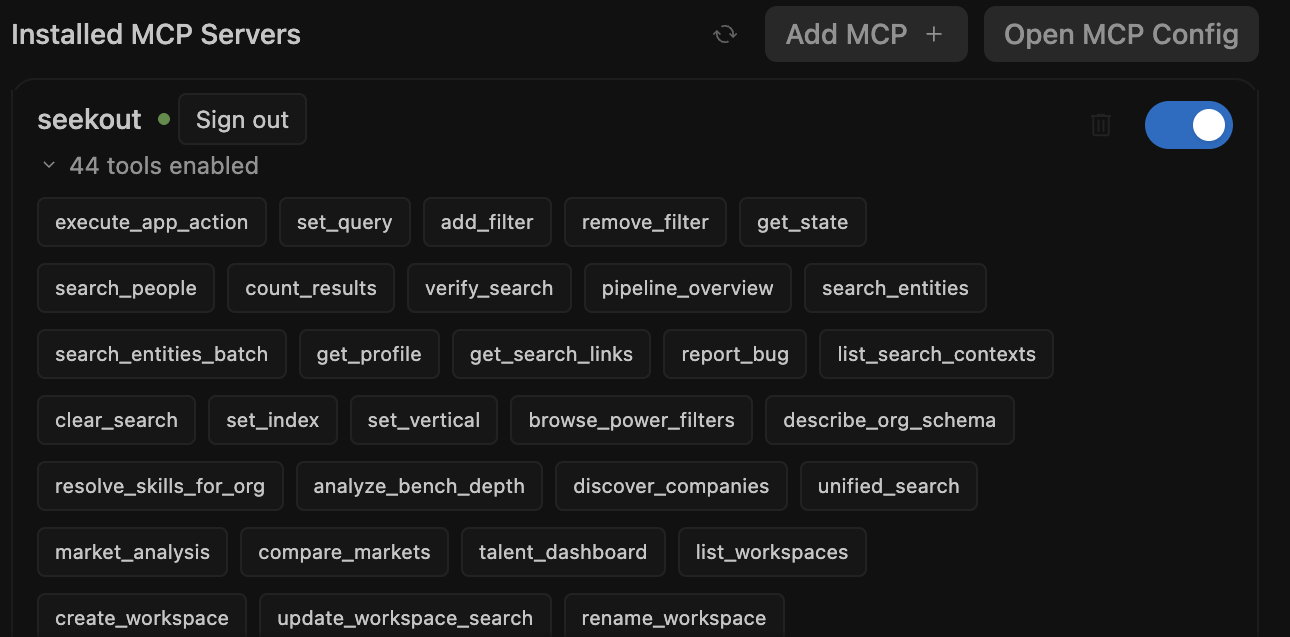 Expanded SeekOut tool list in Antigravity showing search_people, market_analysis, talent_dashboard, and other tools