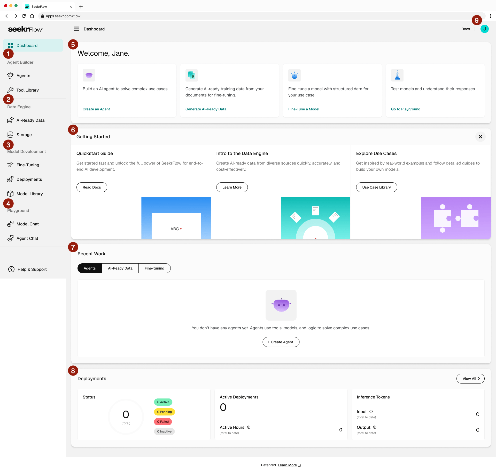 SeekrFlow dashboard with numbered callouts