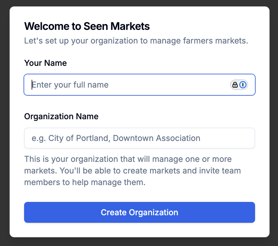 Create Organization Screen