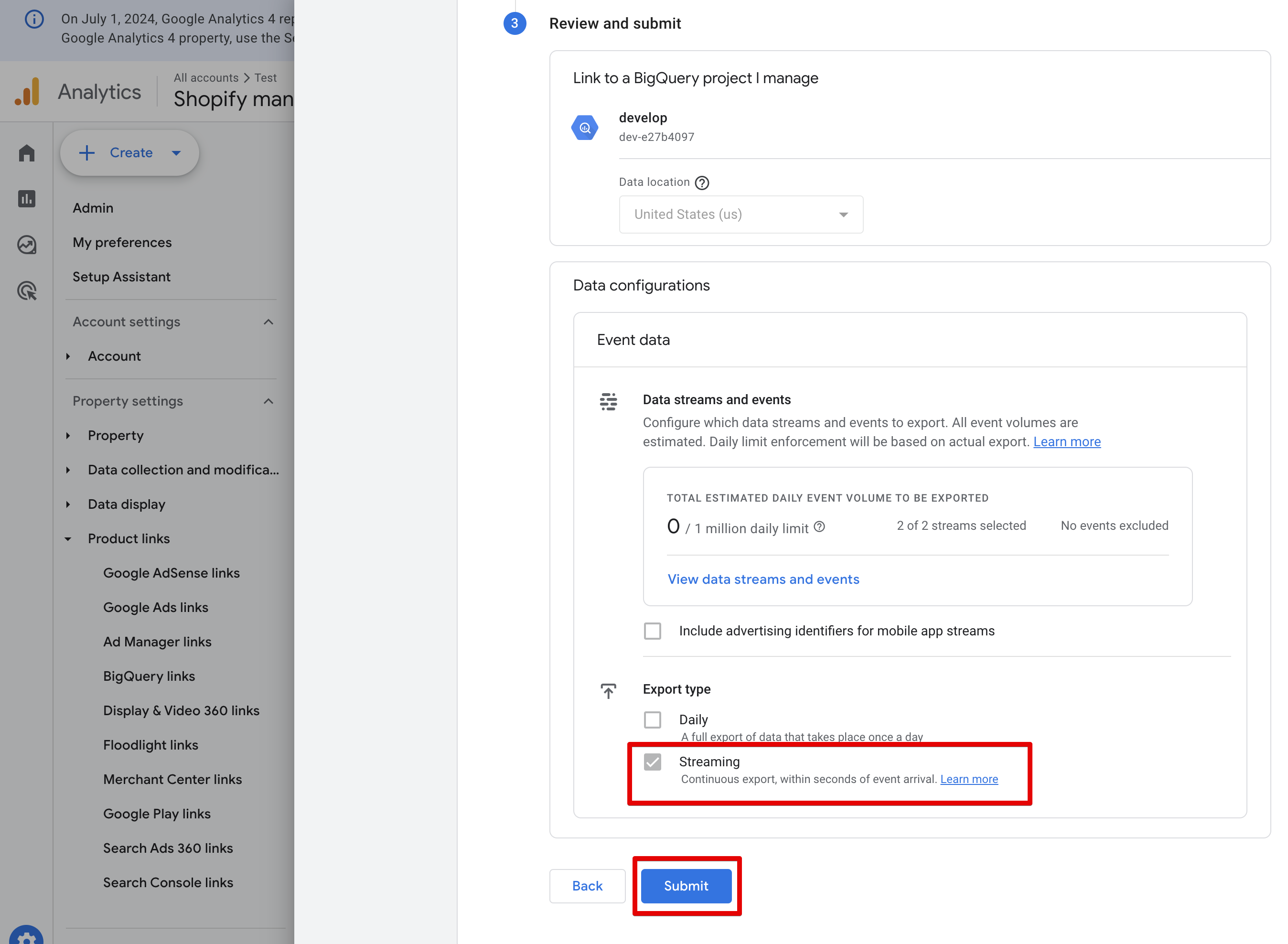 GA4 BigQuery link setup