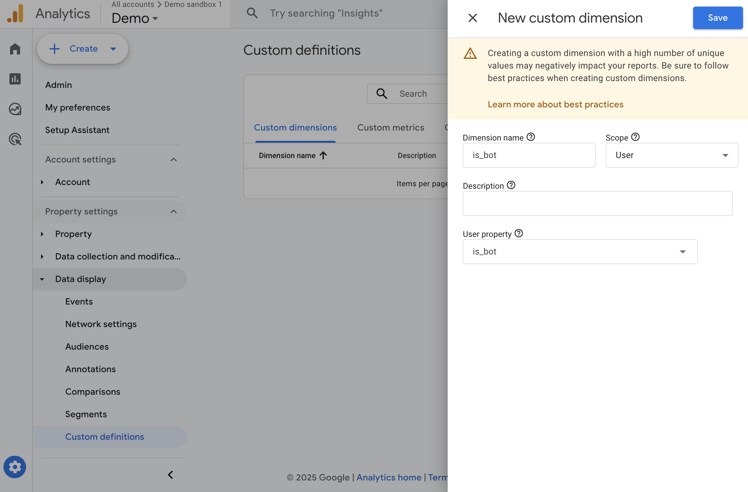 GA4 custom dimension for is_bot