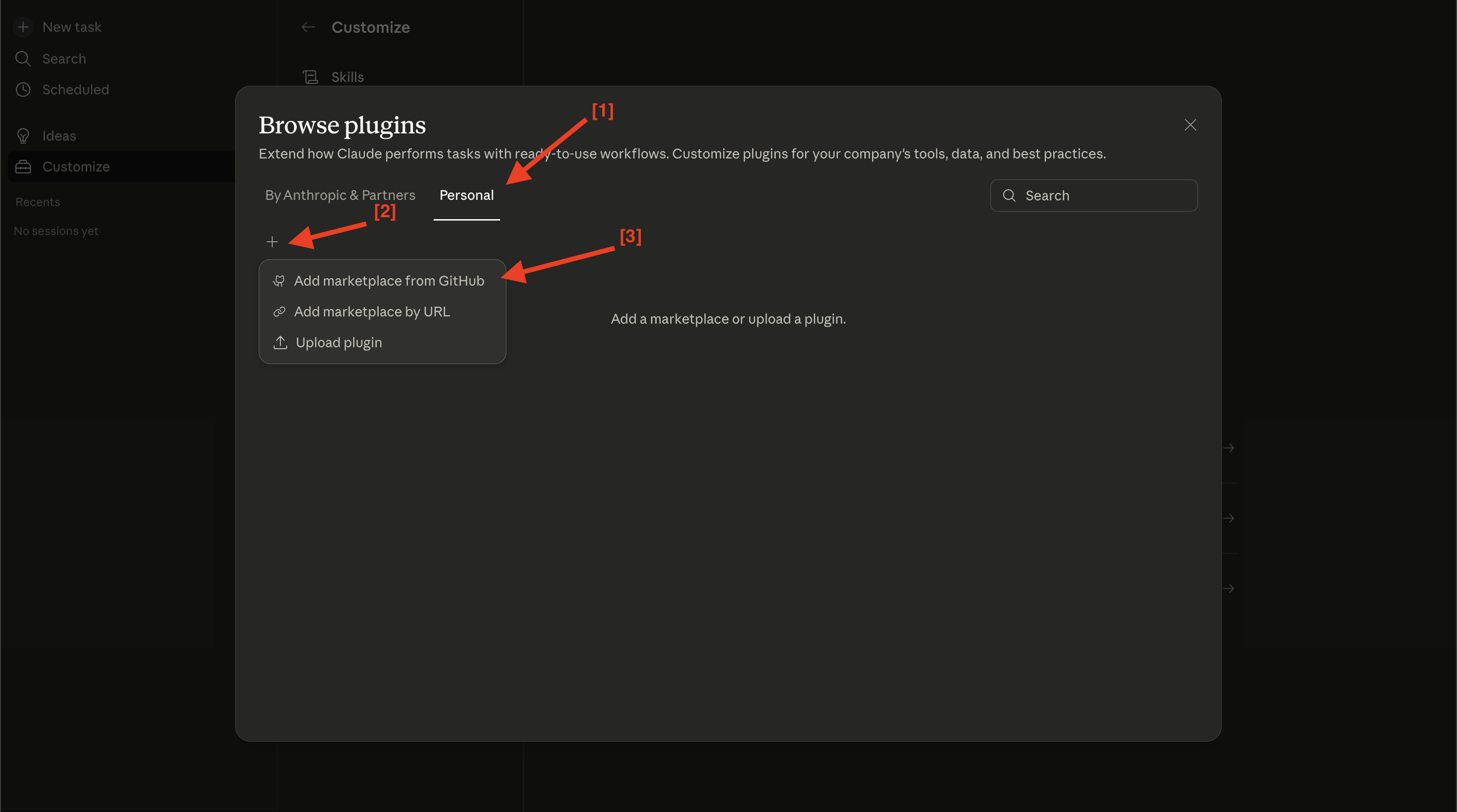 Browse plugins dialog showing Personal tab with Add marketplace from GitHub option