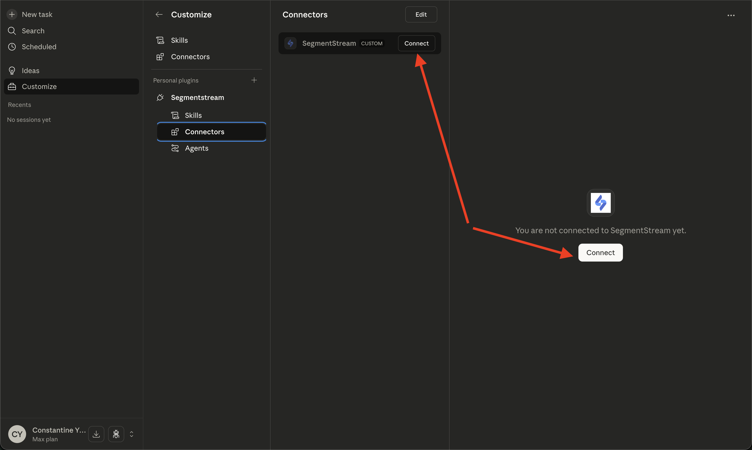 Connectors panel showing SegmentStream connector with Connect button