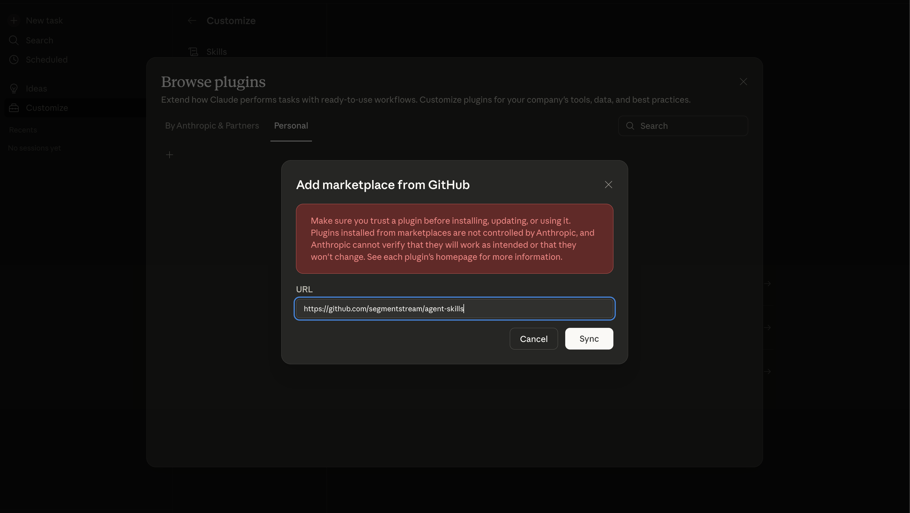 Add marketplace from GitHub dialog with the SegmentStream agent-skills repository URL