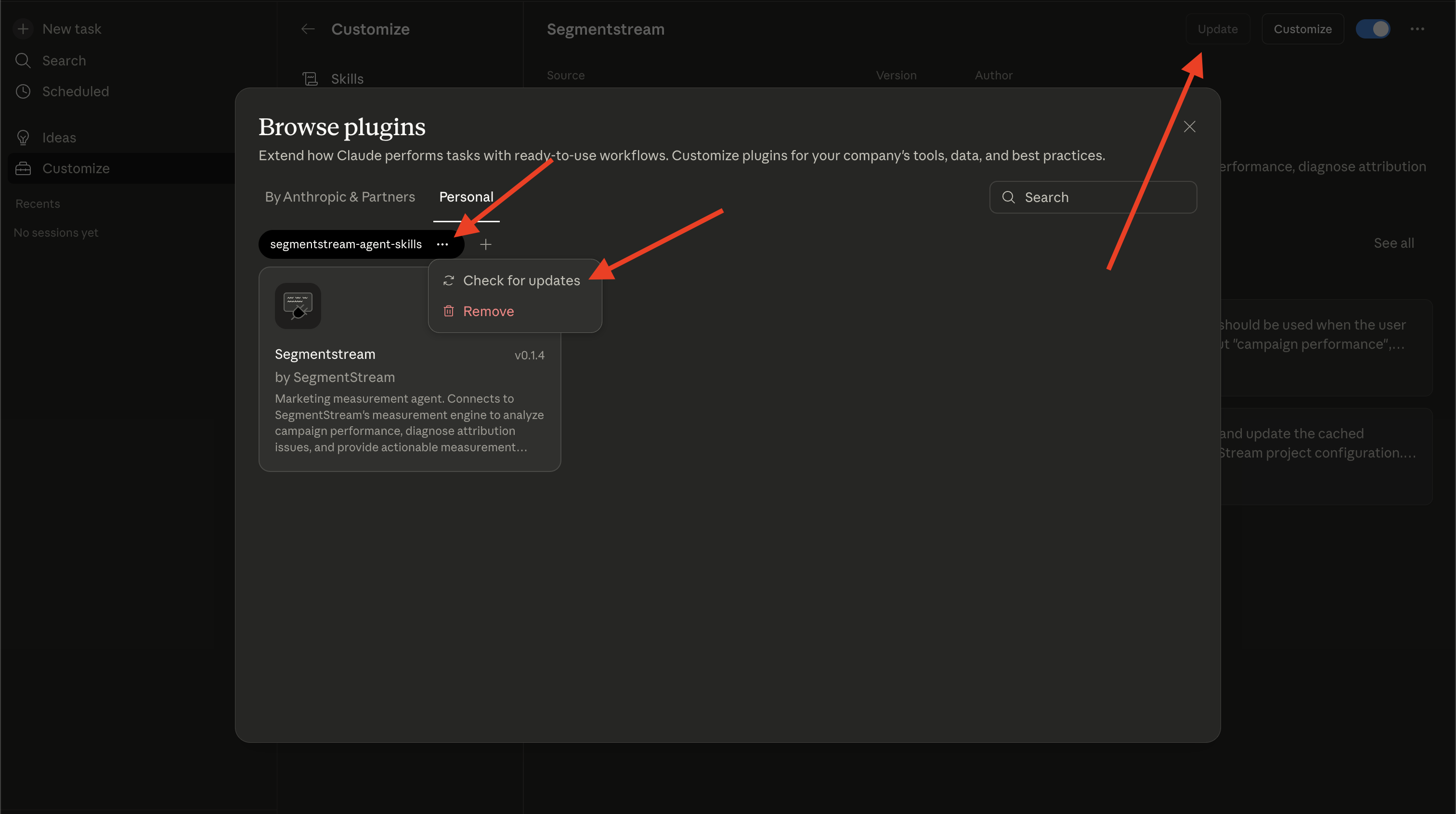 Plugin marketplace showing Check for updates option in the context menu and Update button in the top-right corner