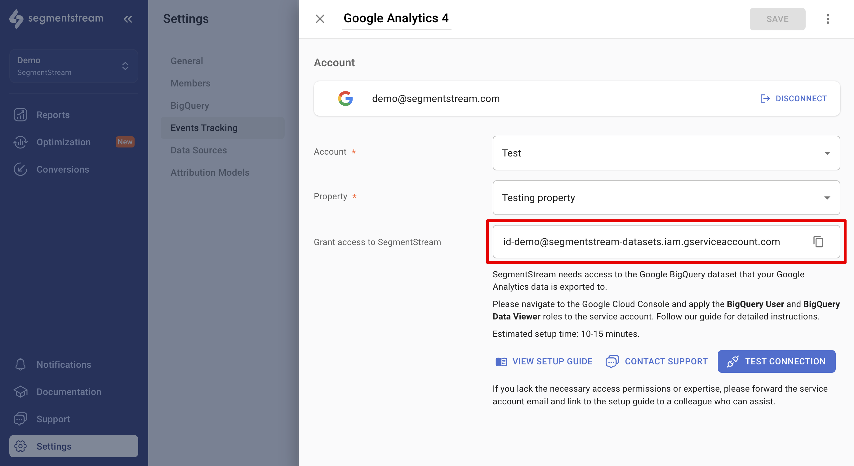 Service account email in SegmentStream
