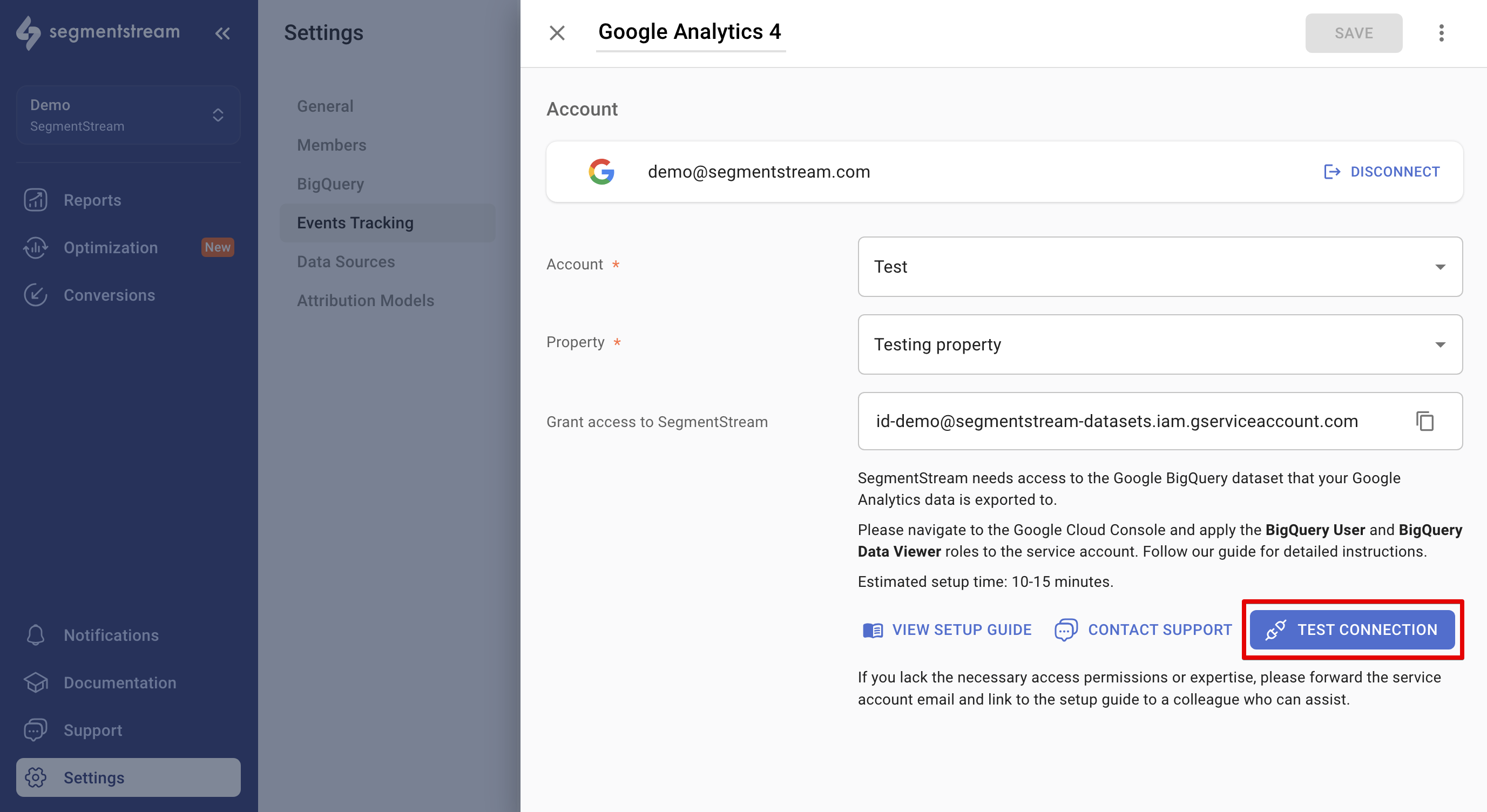 GA4 test connection in SegmentStream
