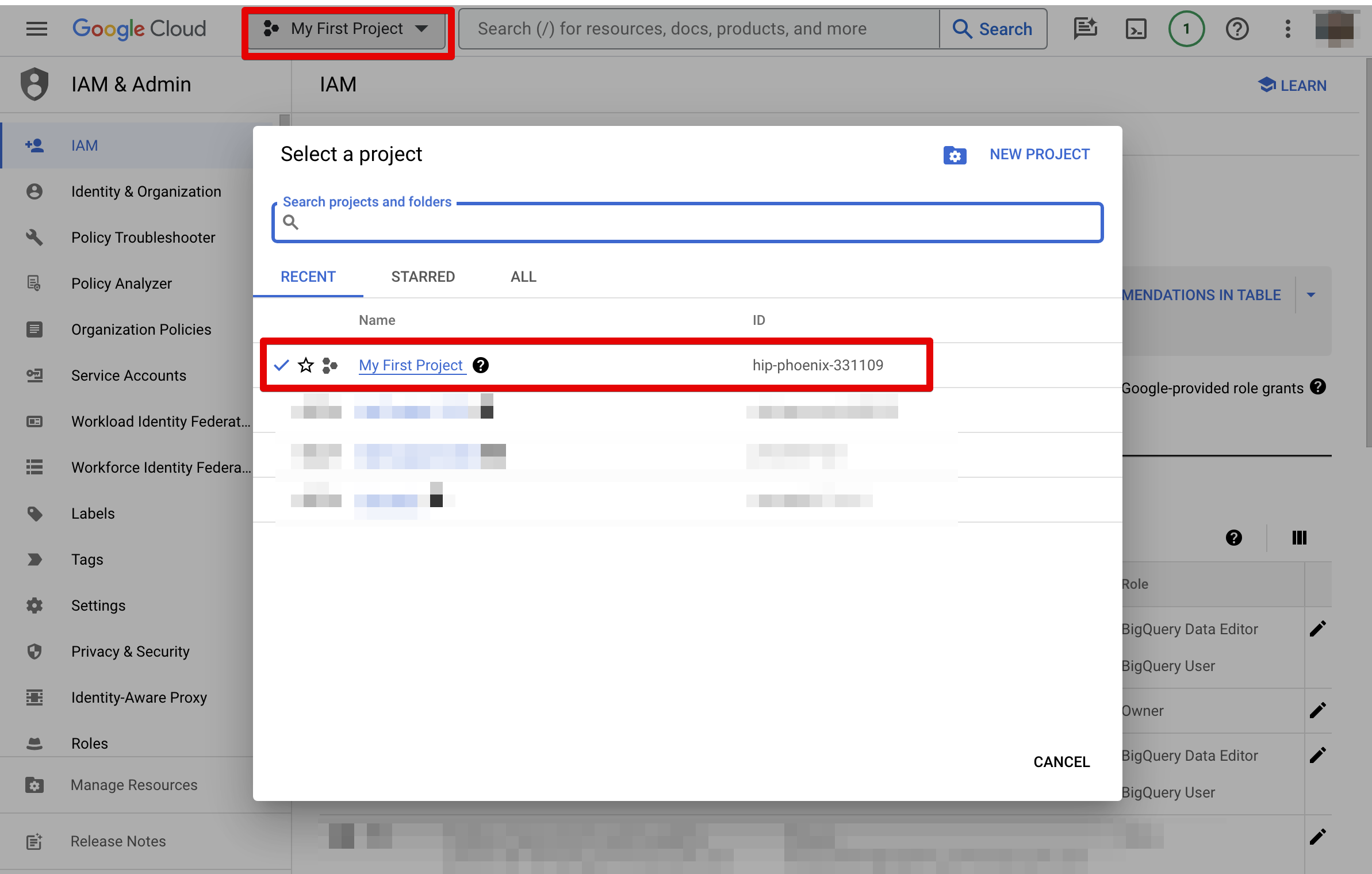 Google Cloud project selector