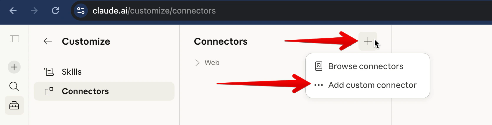 Connectors page with + button and Add custom connector option